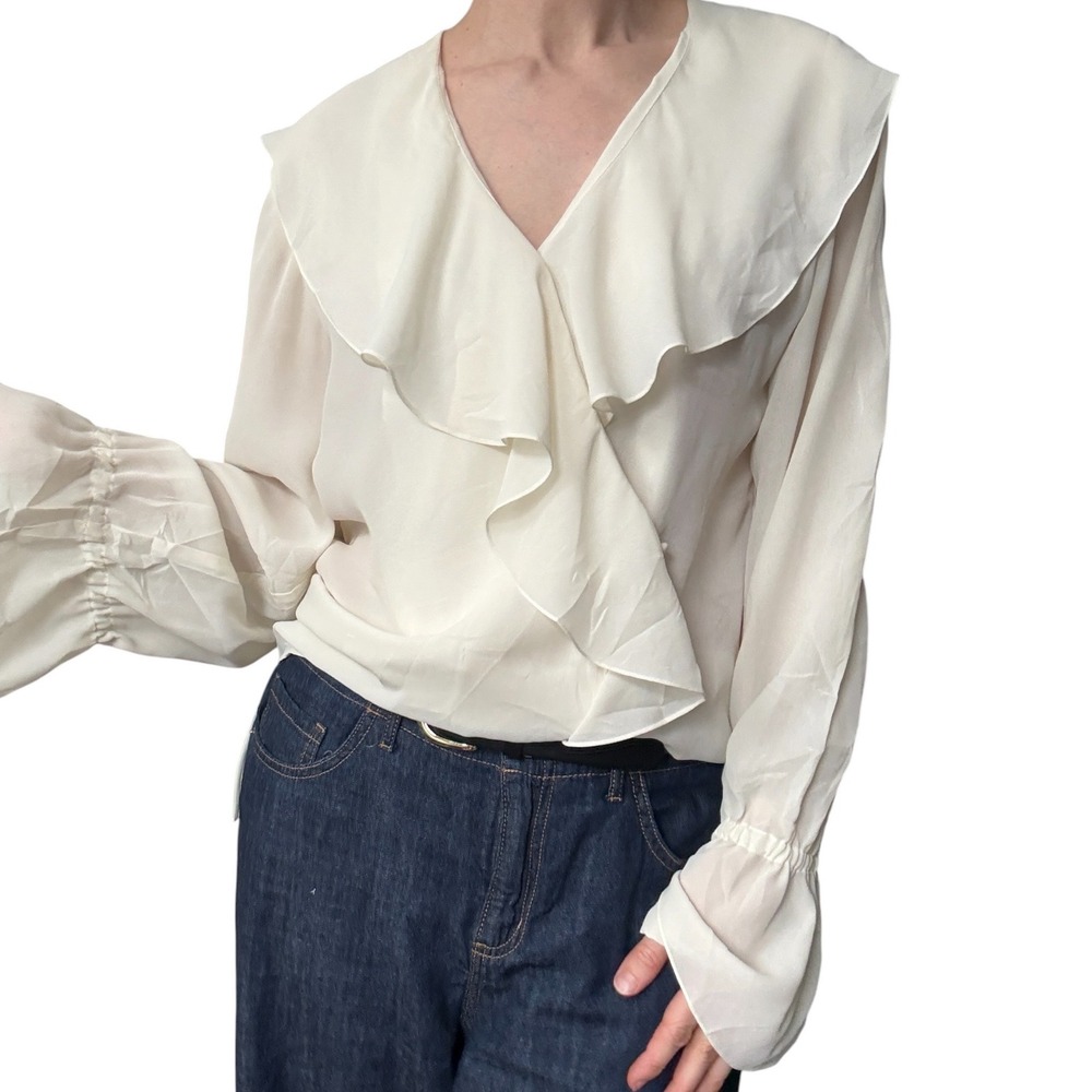 Spenser Jeremy Vintage Cream Ruffle Wrap Blouse Sheer Chiffon Bell Sleeve Small